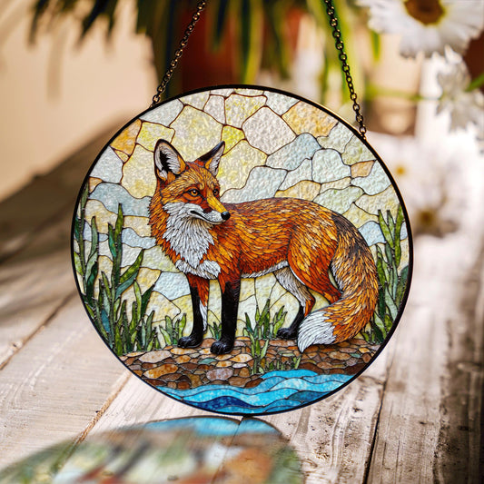 vivid red fox in forest stained glass suncatcher woodland animal window decor birthday gift for nature lover