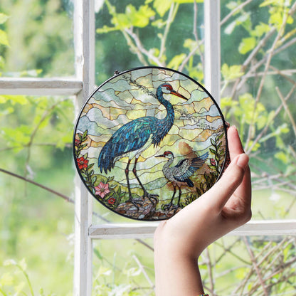 crane and chick standing in meadow stained glass suncatcher bird window decor gift for mom or nature lover