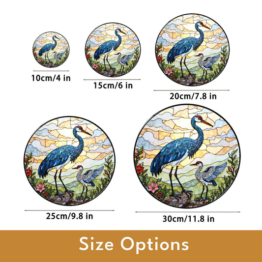 crane and chick standing in meadow stained glass suncatcher bird window decor gift for mom or nature lover