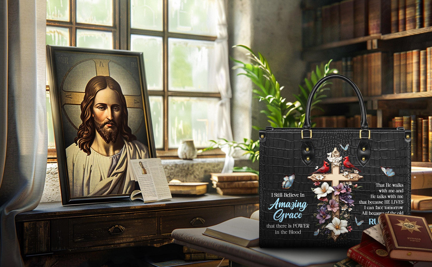 Personalized Leather Handbag Custom Name, Christian Gift, Gifts for Women, Amazing Grace Floral Bag, Cross & Butterfly Design