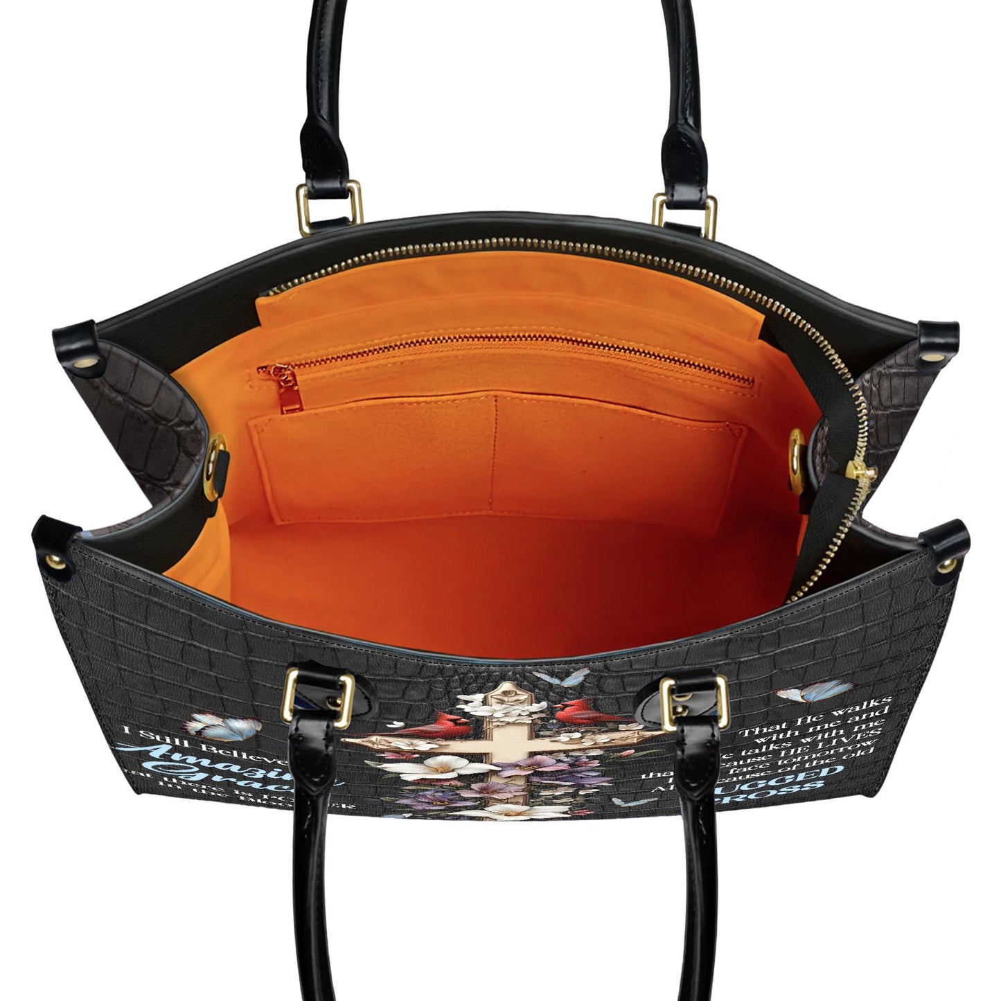 Personalized Leather Handbag Custom Name, Christian Gift, Gifts for Women, Amazing Grace Floral Bag, Cross & Butterfly Design