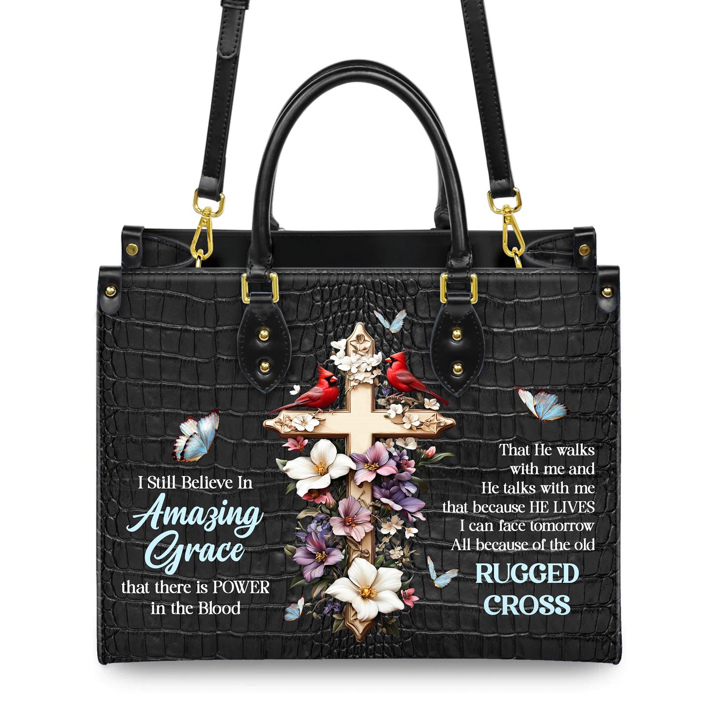 Personalized Leather Handbag Custom Name, Christian Gift, Gifts for Women, Amazing Grace Floral Bag, Cross & Butterfly Design