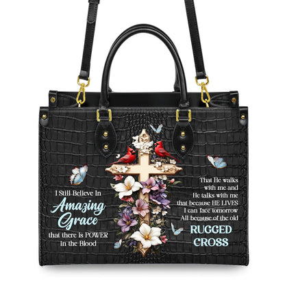 Personalized Leather Handbag Custom Name, Christian Gift, Gifts for Women, Amazing Grace Floral Bag, Cross & Butterfly Design