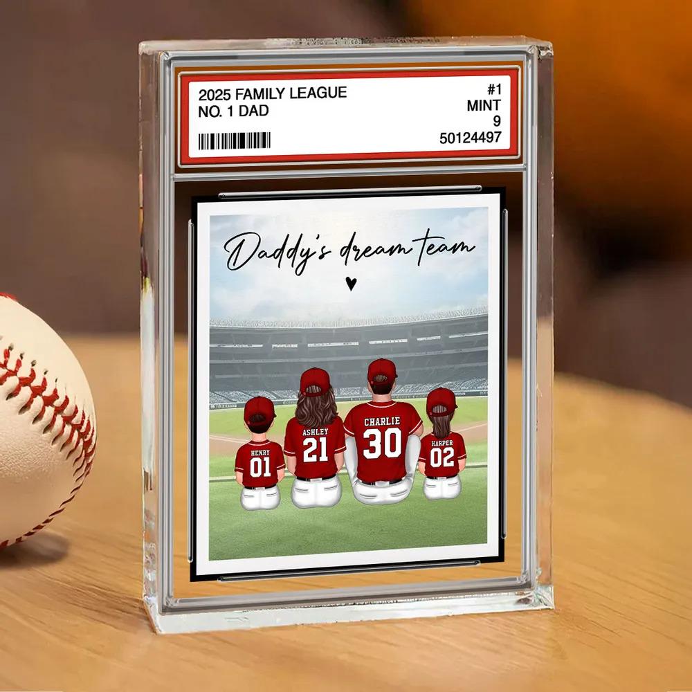 Baseball No. 1 Dad Man & Kids Sitting Trading Card Style Personalized Acrylic Block Plaque, Fathers Day Gifts for Husband, Dad, Papa, Father