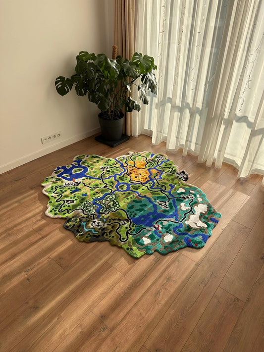 Tufted Rug with Map of Battle Royale Game – Handmade Game-Inspired Carpet – Colorful Custom Decor – Gift for Fans of Games & Animation