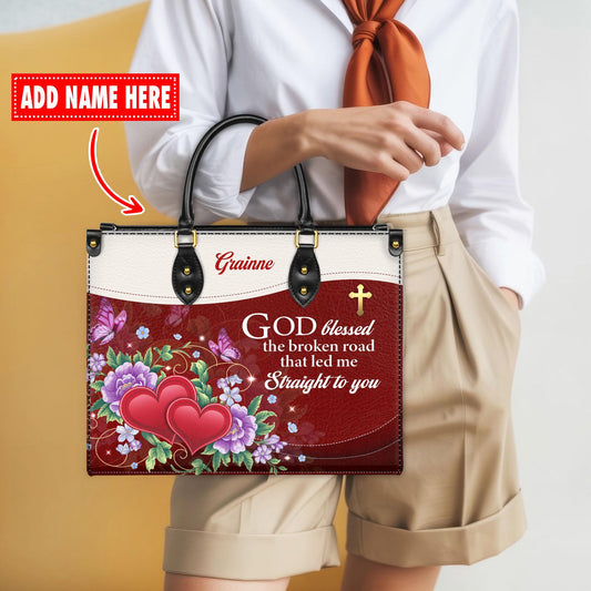 Personalized Leather Handbag Custom Name, Christian Gift, Gifts for Women, God Blessed the Broken Road Bag, Floral Heart Design
