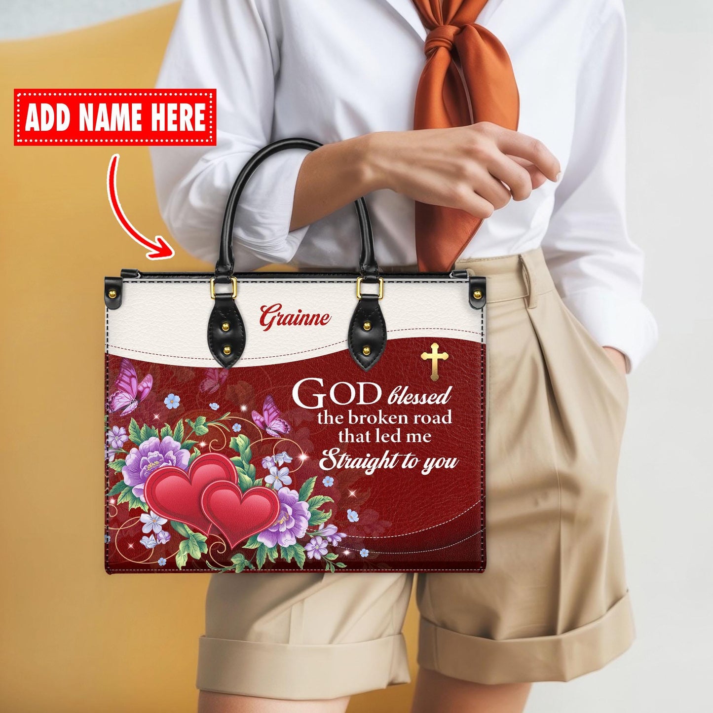 Personalized Leather Handbag Custom Name, Christian Gift, Gifts for Women, God Blessed the Broken Road Bag, Floral Heart Design