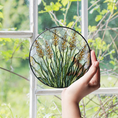 golden wheat field stained glass panel rustic suncatcher window art gift for nature lovers