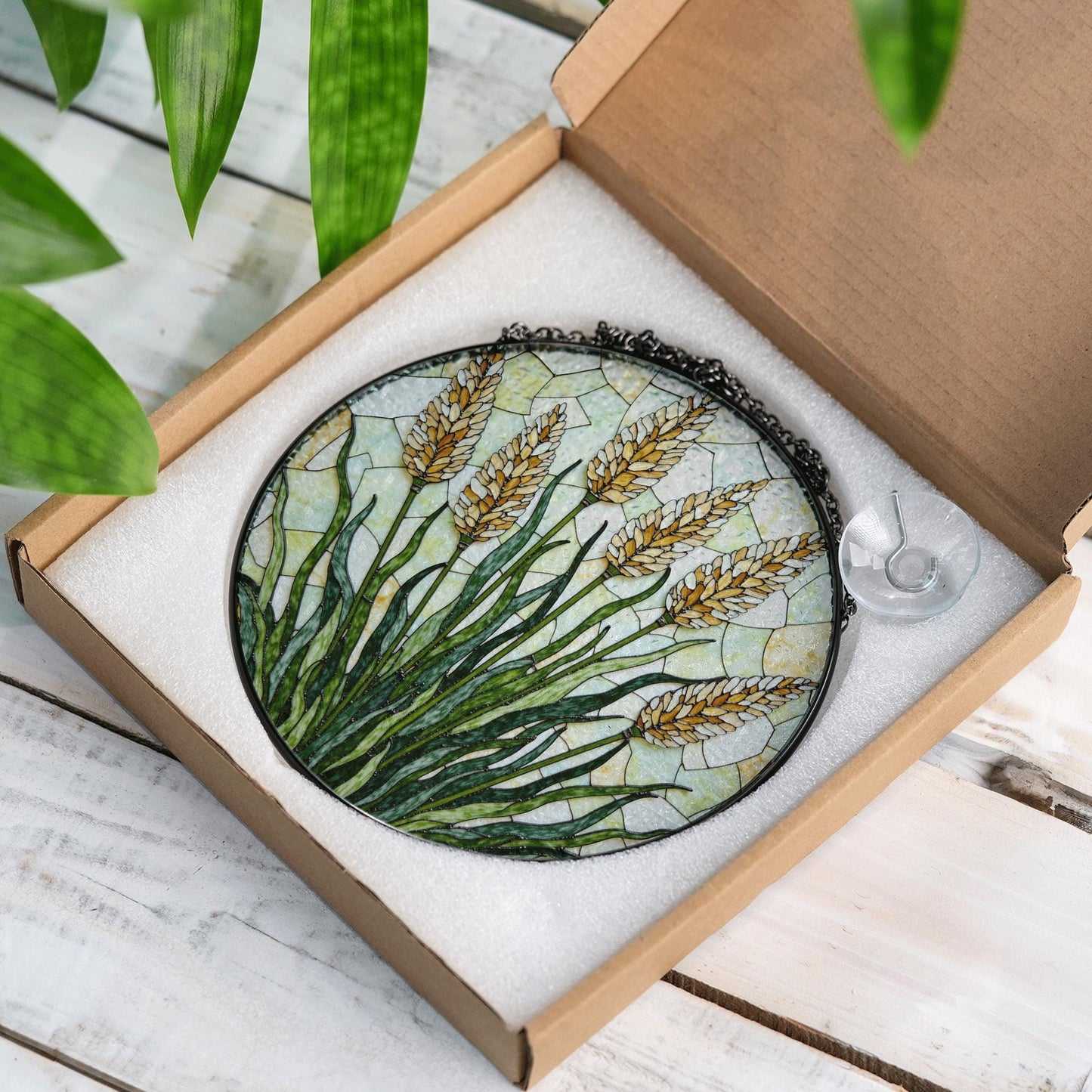 golden wheat field stained glass panel rustic suncatcher window art gift for nature lovers