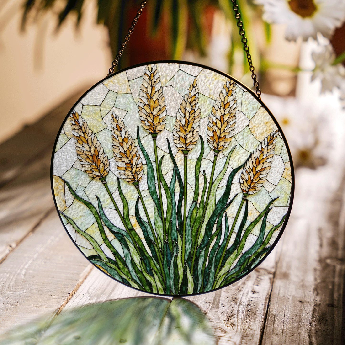 golden wheat field stained glass panel rustic suncatcher window art gift for nature lovers