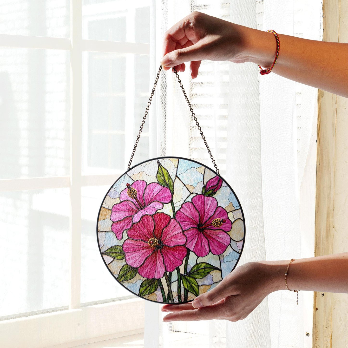 Pink hibiscus floral glass panel round stained suncatcher window decor gift for flower lover
