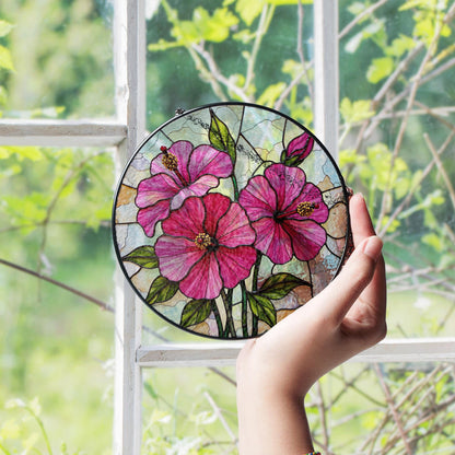 Pink hibiscus floral glass panel round stained suncatcher window decor gift for flower lover