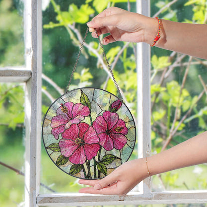 Pink hibiscus floral glass panel round stained suncatcher window decor gift for flower lover