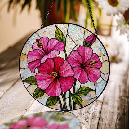 Pink hibiscus floral glass panel round stained suncatcher window decor gift for flower lover
