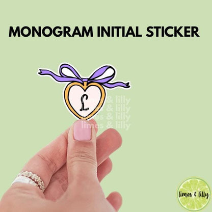 Custom Monogram Initial Letter Heart Locket Purple Bow Vinyl Sticker | Girly Sticker | Kindle Stickers | Cute Stickers | Trendy