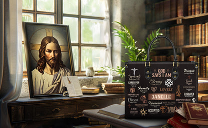 God Says I Am Handbag, Personalized Christian Affirmations Tote, Custom Name Bible Verse Purse, Identity In Christ Gift for Women