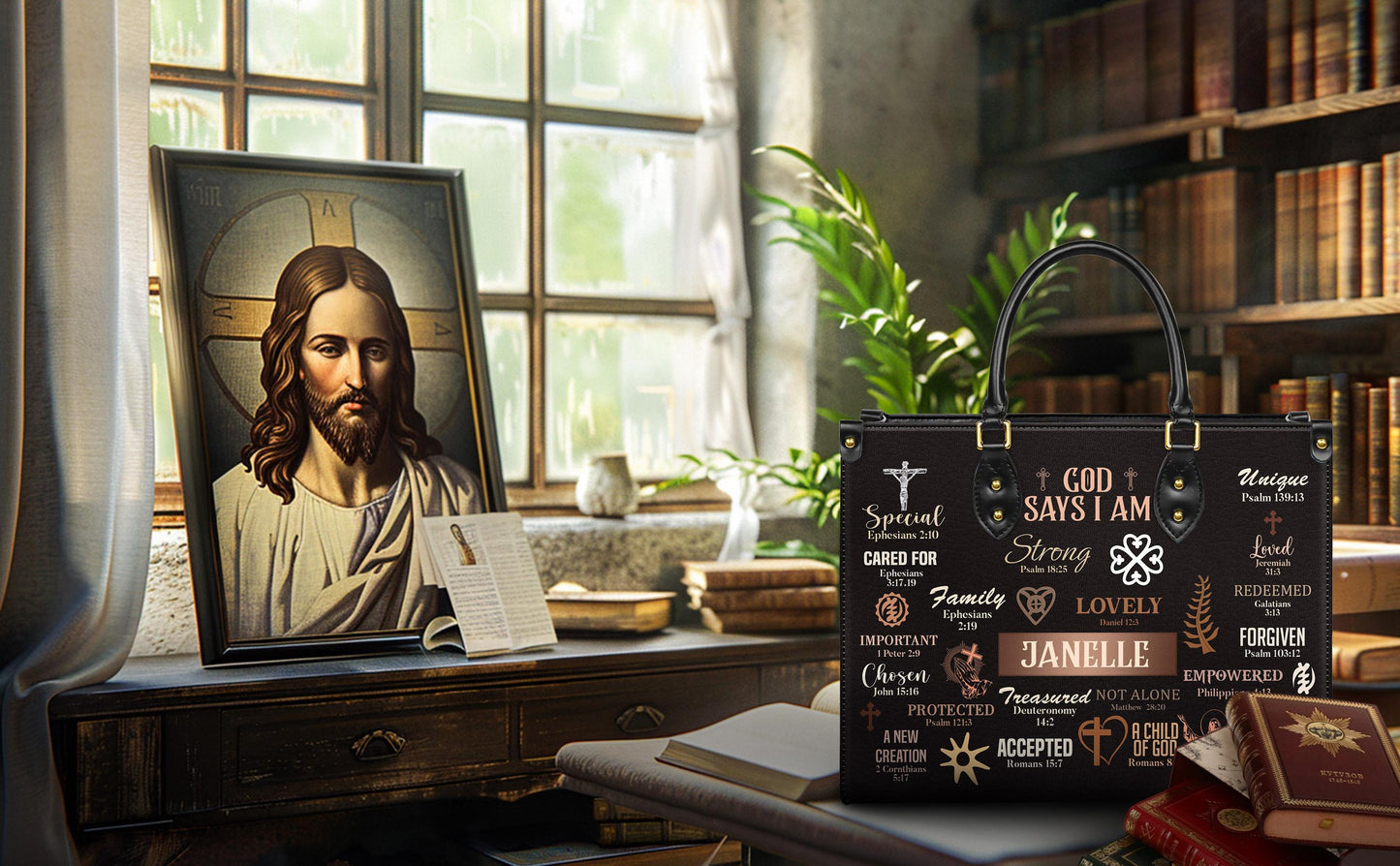 God Says I Am Handbag, Personalized Christian Affirmations Tote, Custom Name Bible Verse Purse, Identity In Christ Gift for Women