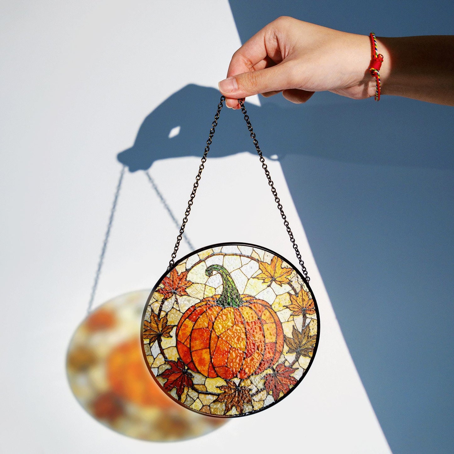 Autumn pumpkin leaves stained glass suncatcher fall window decor gift for mom or friend