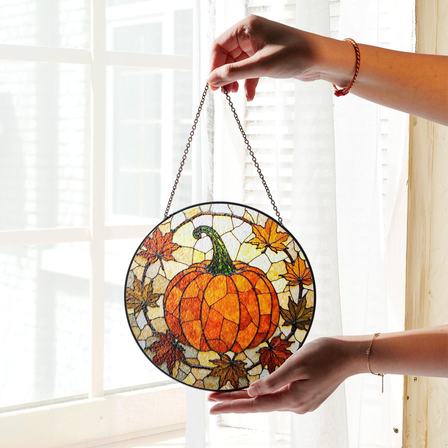 Autumn pumpkin leaves stained glass suncatcher fall window decor gift for mom or friend