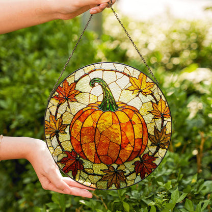 Autumn pumpkin leaves stained glass suncatcher fall window decor gift for mom or friend