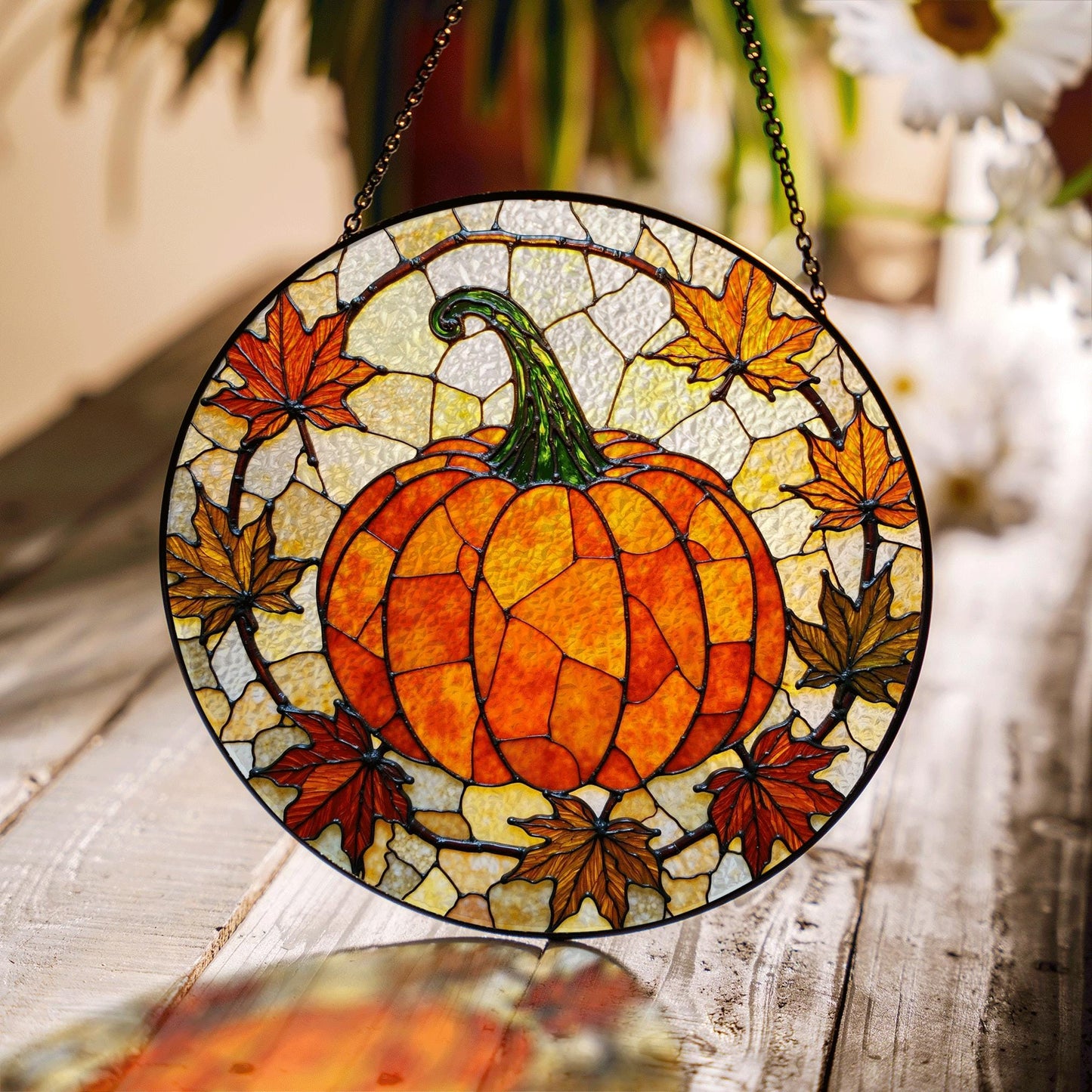 Autumn pumpkin leaves stained glass suncatcher fall window decor gift for mom or friend
