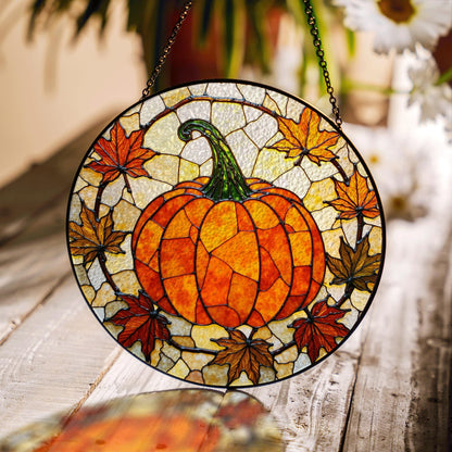 Autumn pumpkin leaves stained glass suncatcher fall window decor gift for mom or friend