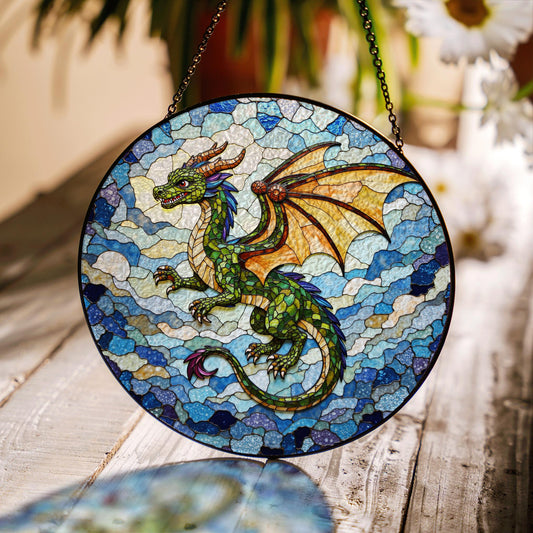 Emerald dragon in flight stained glass suncatcher fantasy window art gift for dragon fan