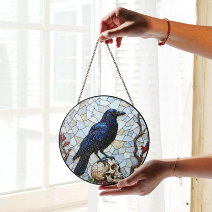 Raven on Skull Stained Glass Window Hanging Gothic Suncatcher Gift for Halloween Lover
