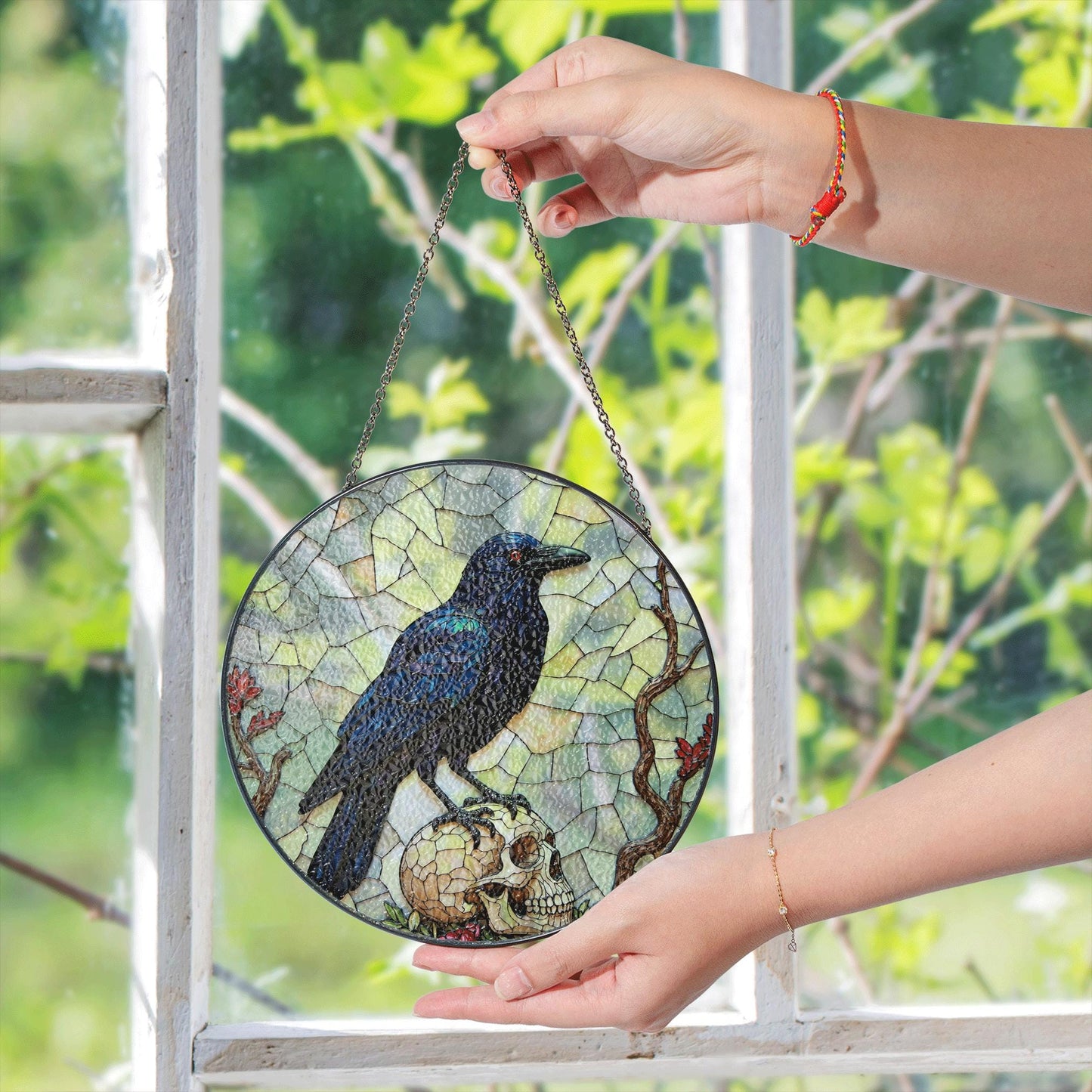 Raven on Skull Stained Glass Window Hanging Gothic Suncatcher Gift for Halloween Lover