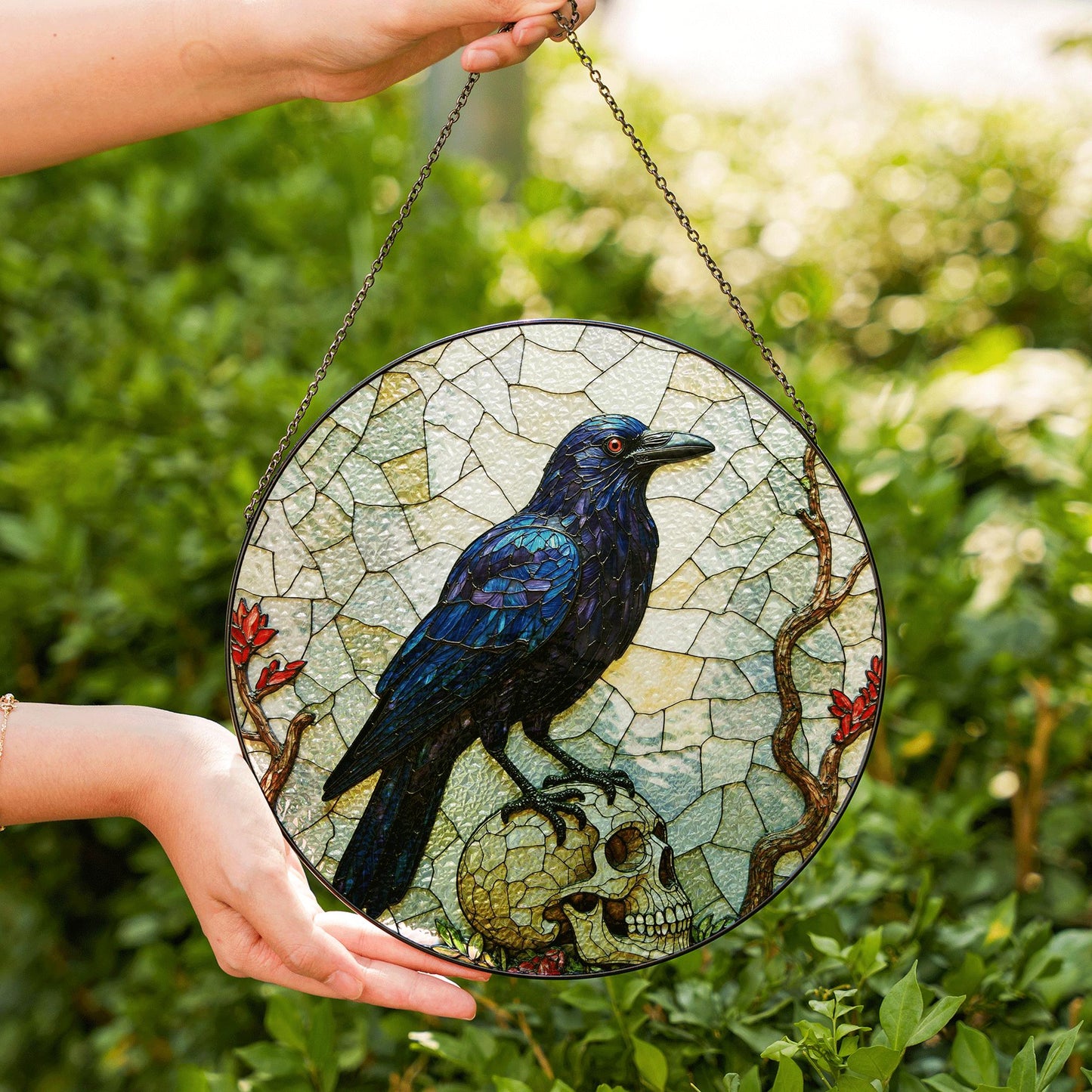 Raven on Skull Stained Glass Window Hanging Gothic Suncatcher Gift for Halloween Lover