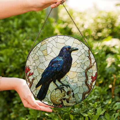 Raven on Skull Stained Glass Window Hanging Gothic Suncatcher Gift for Halloween Lover