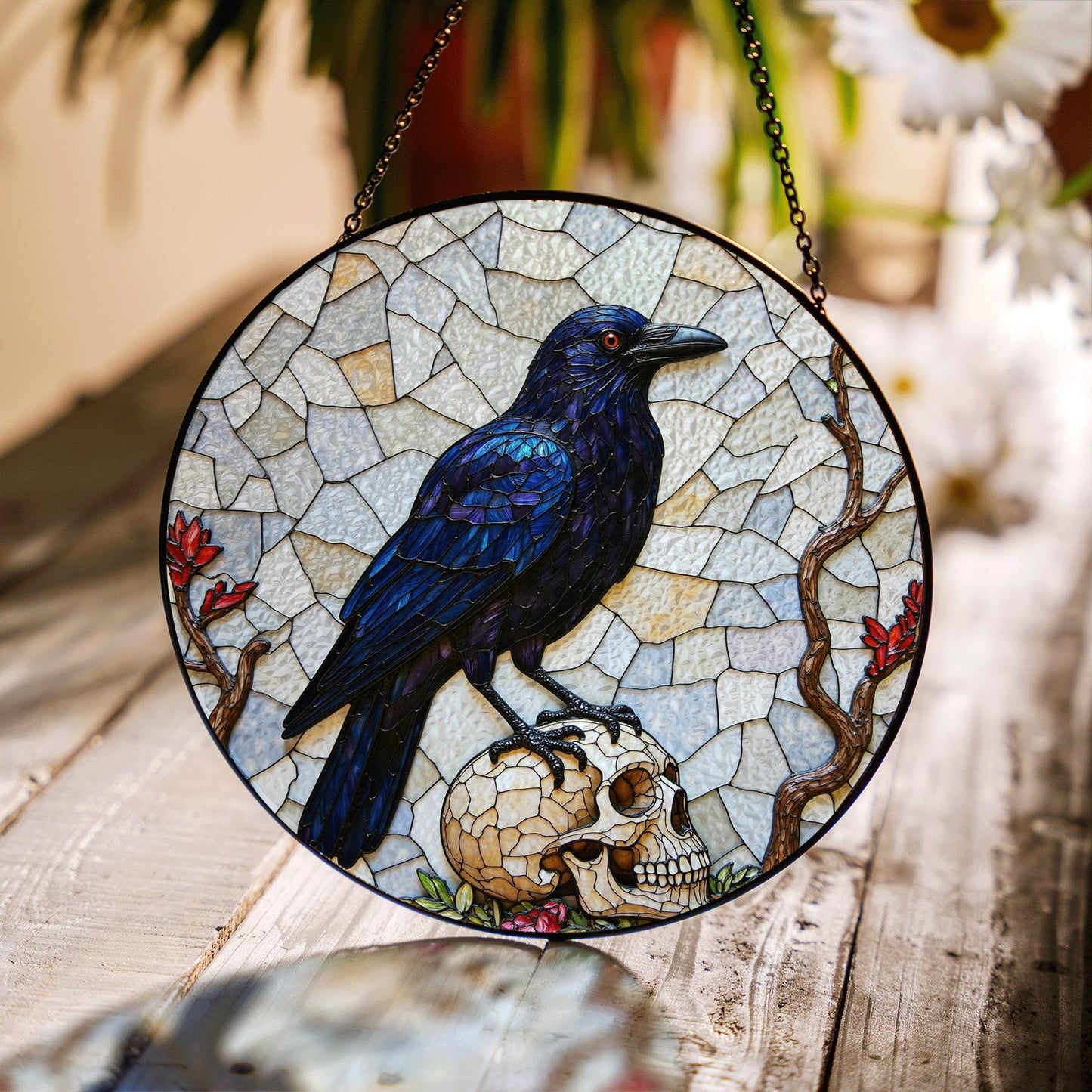 Raven on Skull Stained Glass Window Hanging Gothic Suncatcher Gift for Halloween Lover