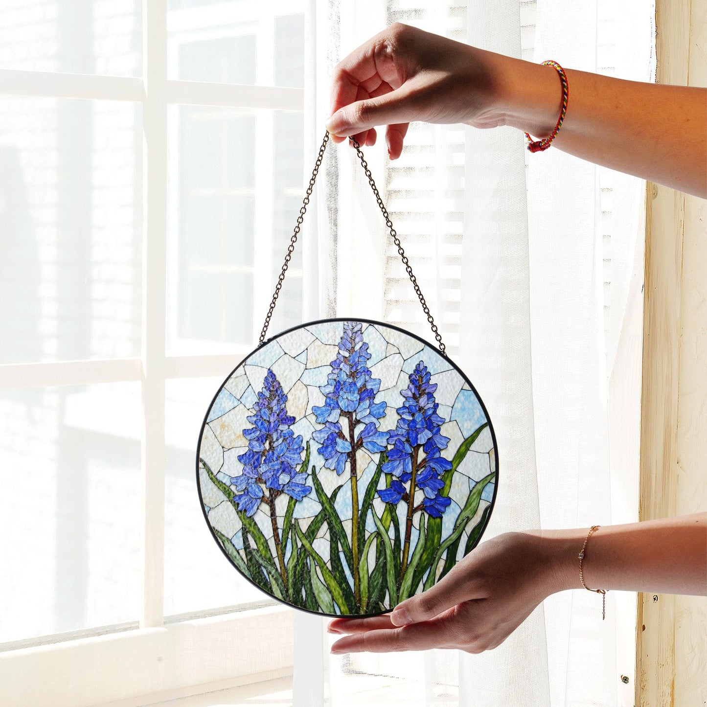 Bluebell Flower Field Round Glass Suncatcher Window Art Nature Decor Gift for Garden Lover