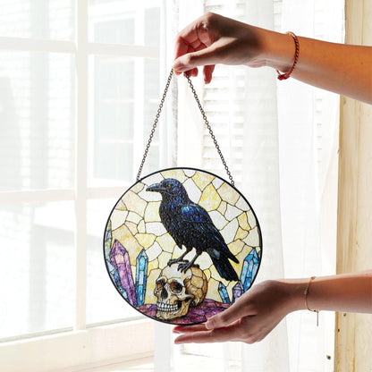 Raven on Skull Crystal Window Round Gothic Suncatcher Spiritual Decor Gift for Him