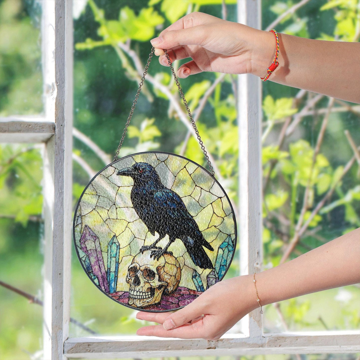 Raven on Skull Crystal Window Round Gothic Suncatcher Spiritual Decor Gift for Him