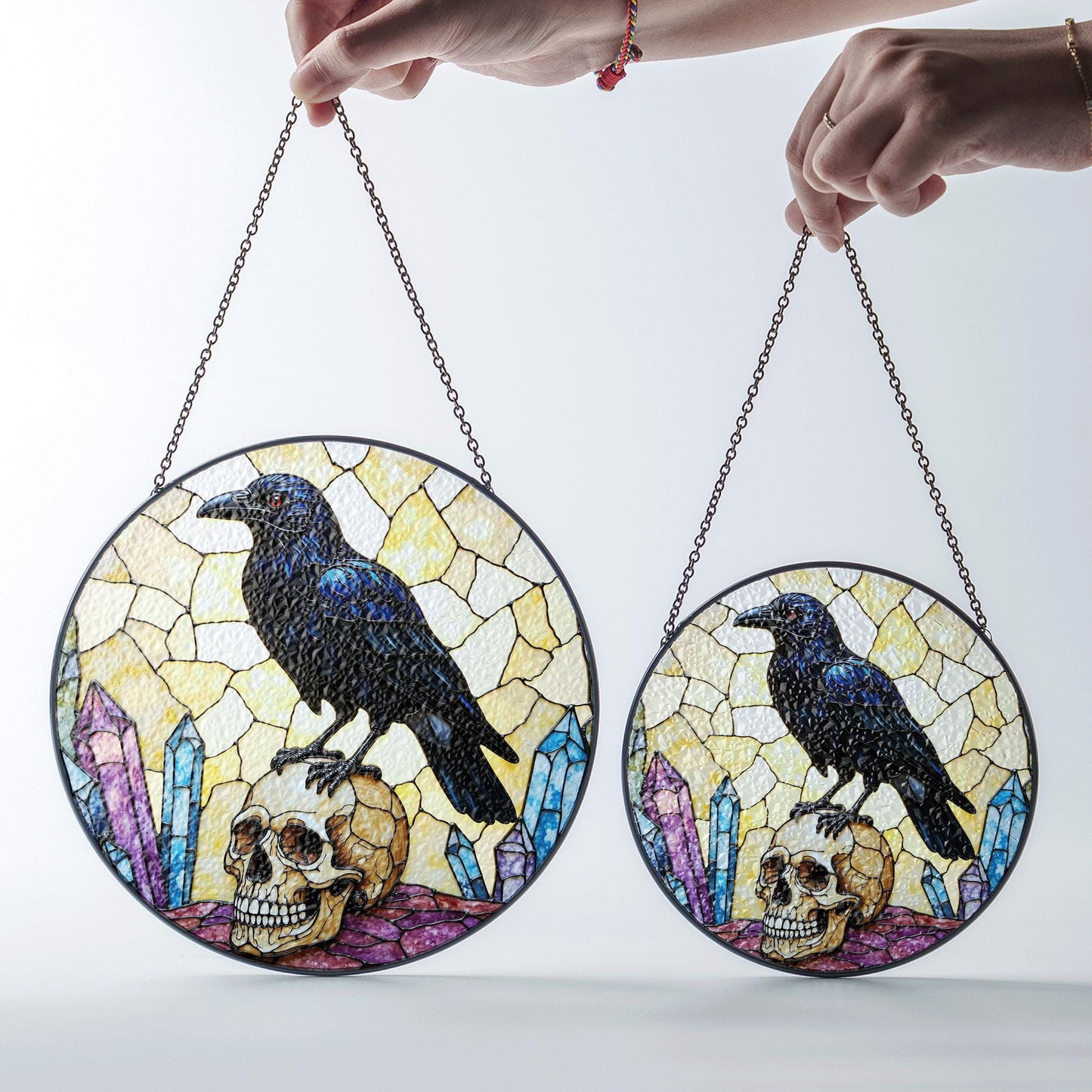 Raven on Skull Crystal Window Round Gothic Suncatcher Spiritual Decor Gift for Him