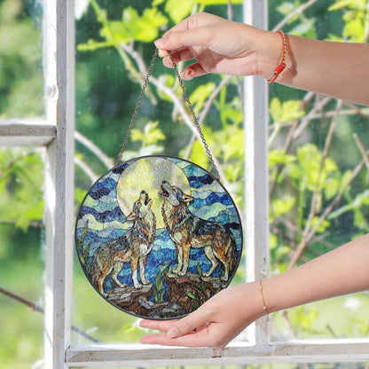 Howling wolves under full moon stained glass suncatcher nature window art gift for wildlife lovers
