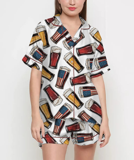 Red White and Brew Pajamas Satin Set, Fourth Of July Beer Shirt Party, Birthday Gift, Beer Lovers, Independence Day Patriotic Beer Gifts