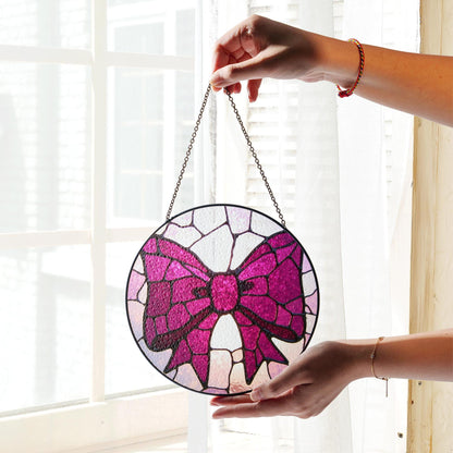 Pink Bow Stained Glass Window Hanging Round Suncatcher Gift for Her
