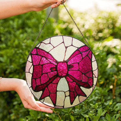 Pink Bow Stained Glass Window Hanging Round Suncatcher Gift for Her