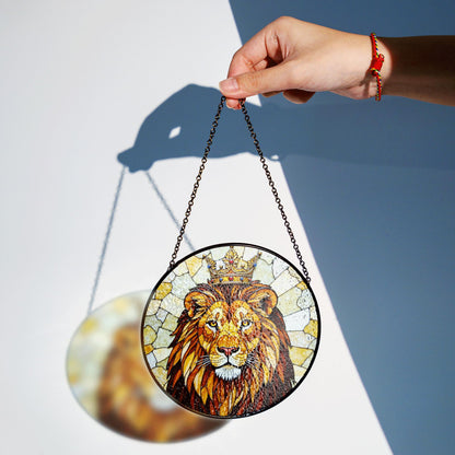 Crowned Lion King Stained Glass Window Art Regal Animal Suncatcher Gift for Him