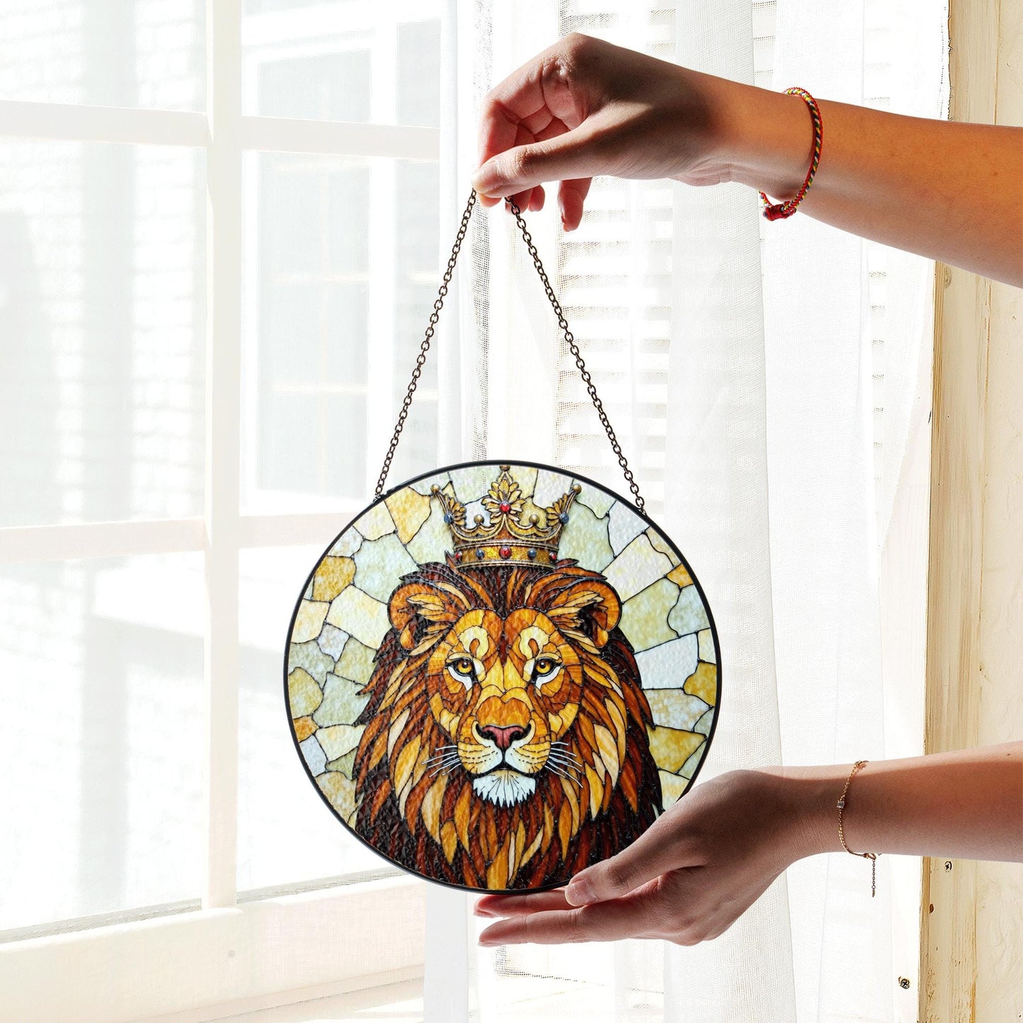 Crowned Lion King Stained Glass Window Art Regal Animal Suncatcher Gift for Him