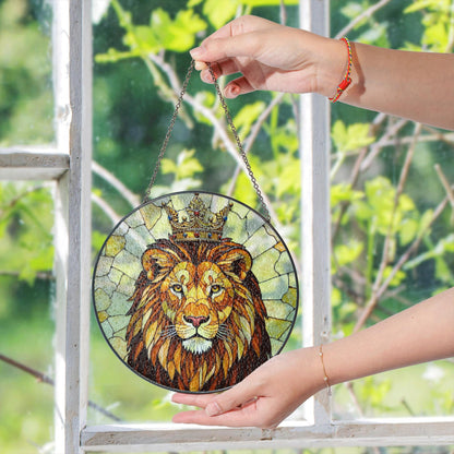 Crowned Lion King Stained Glass Window Art Regal Animal Suncatcher Gift for Him