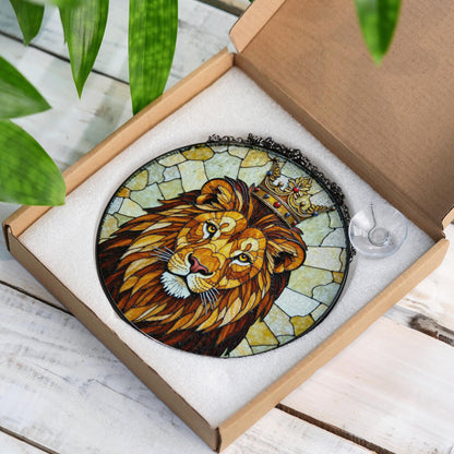 Crowned Lion King Stained Glass Window Art Regal Animal Suncatcher Gift for Him