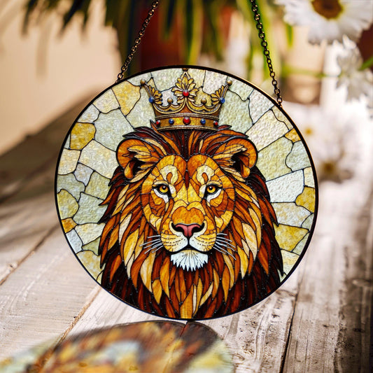 Crowned Lion King Stained Glass Window Art Regal Animal Suncatcher Gift for Him