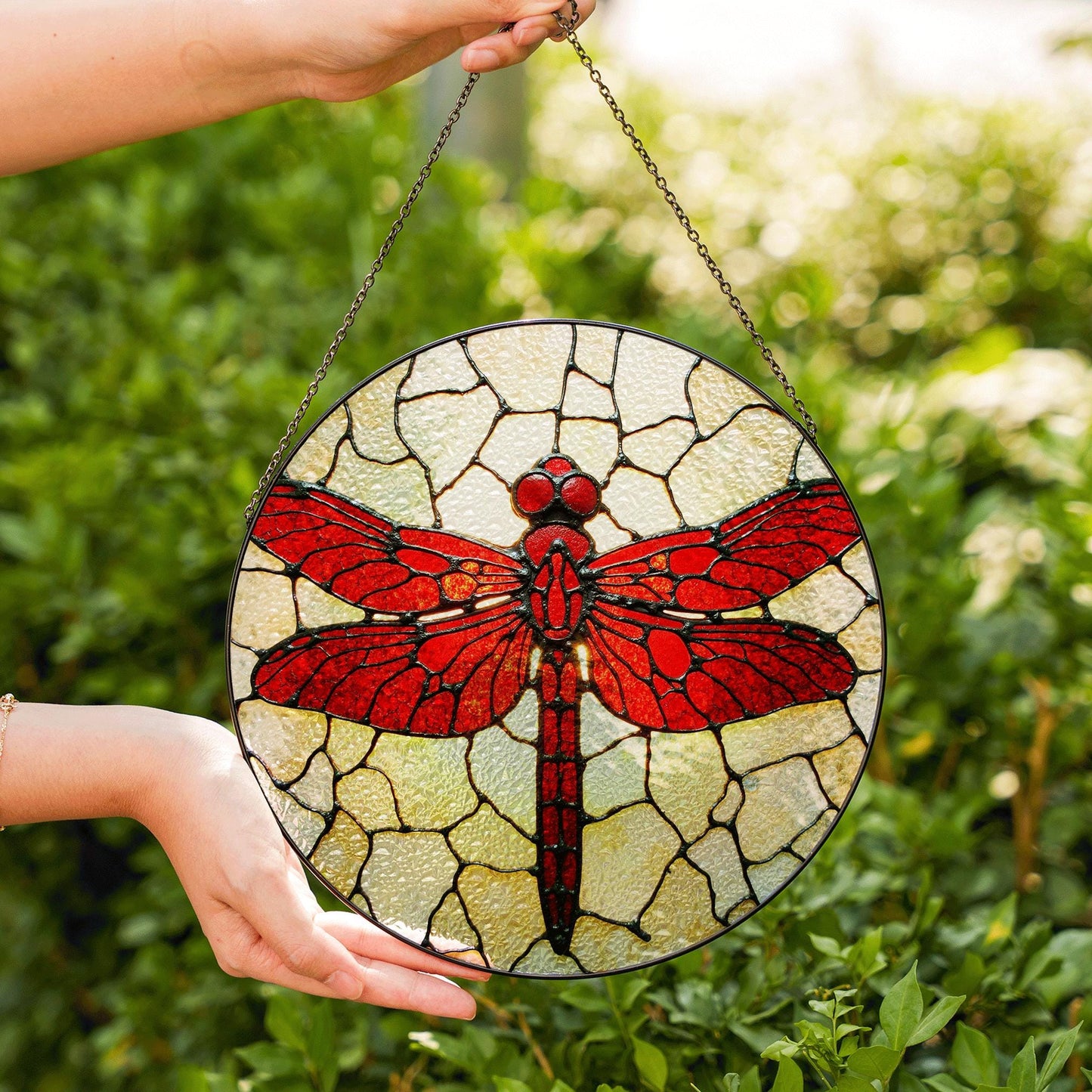 Red Dragonfly Stained Glass Window Hanging Suncatcher Nature Decor Gift for Mom or Nature Lover