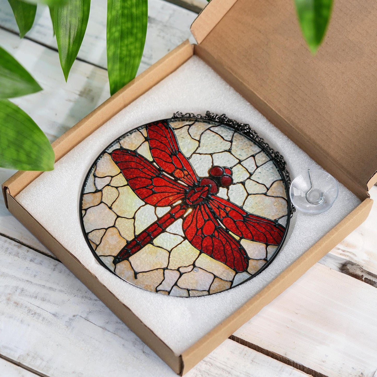 Red Dragonfly Stained Glass Window Hanging Suncatcher Nature Decor Gift for Mom or Nature Lover