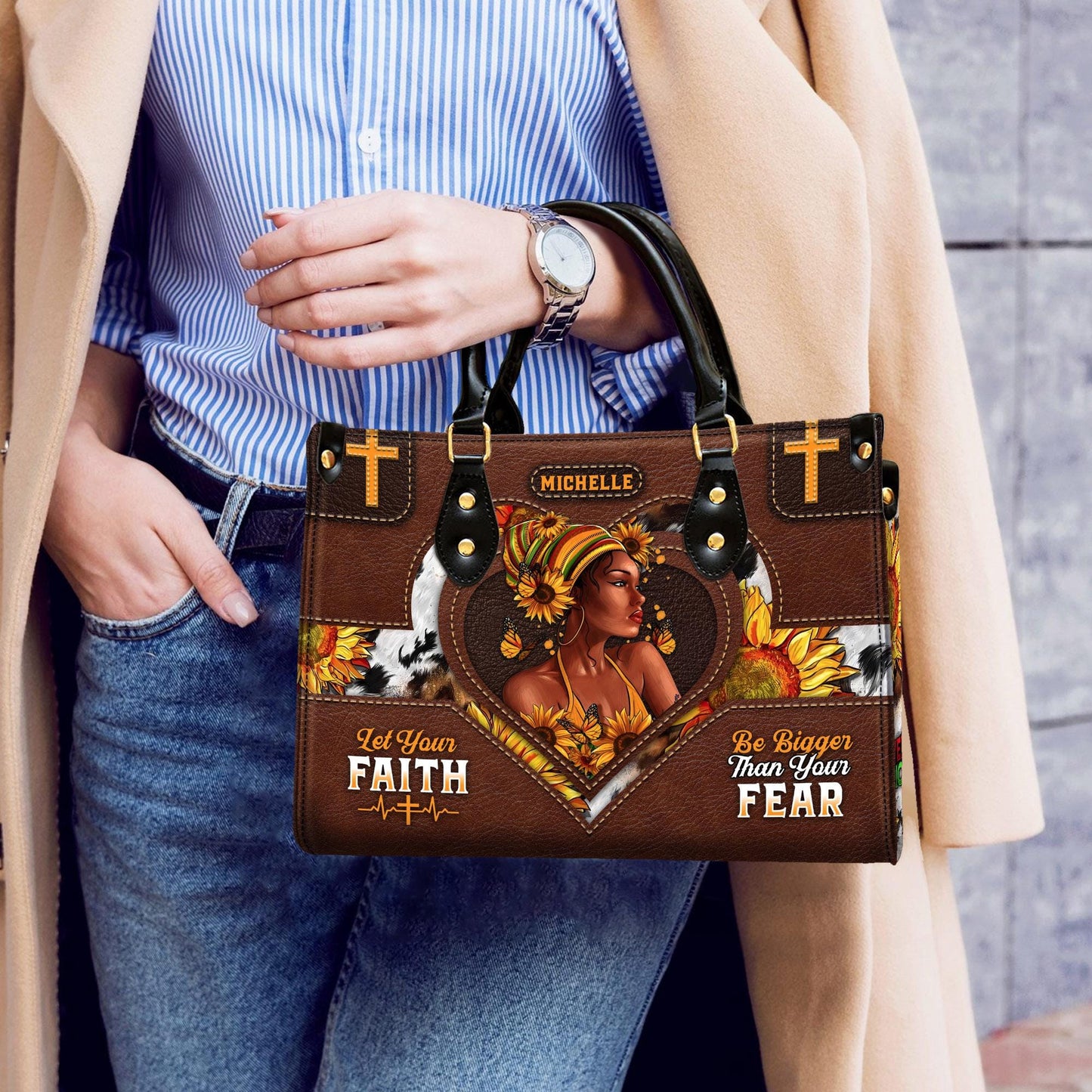 African American Faith Leather Bag Personalized, Customizable Sunflower Handbag, Inspirational Christian Handbag for African American Women