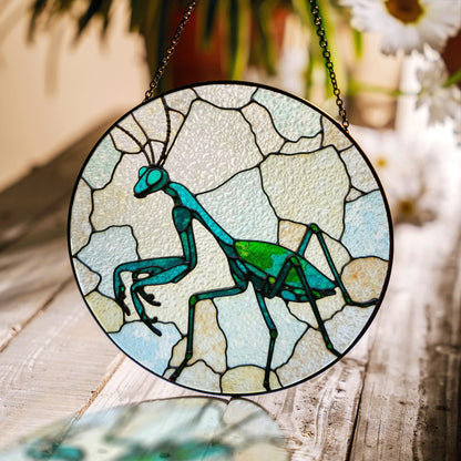 Green praying mantis glass art round suncatcher stained insect decor gift for nature lover dad