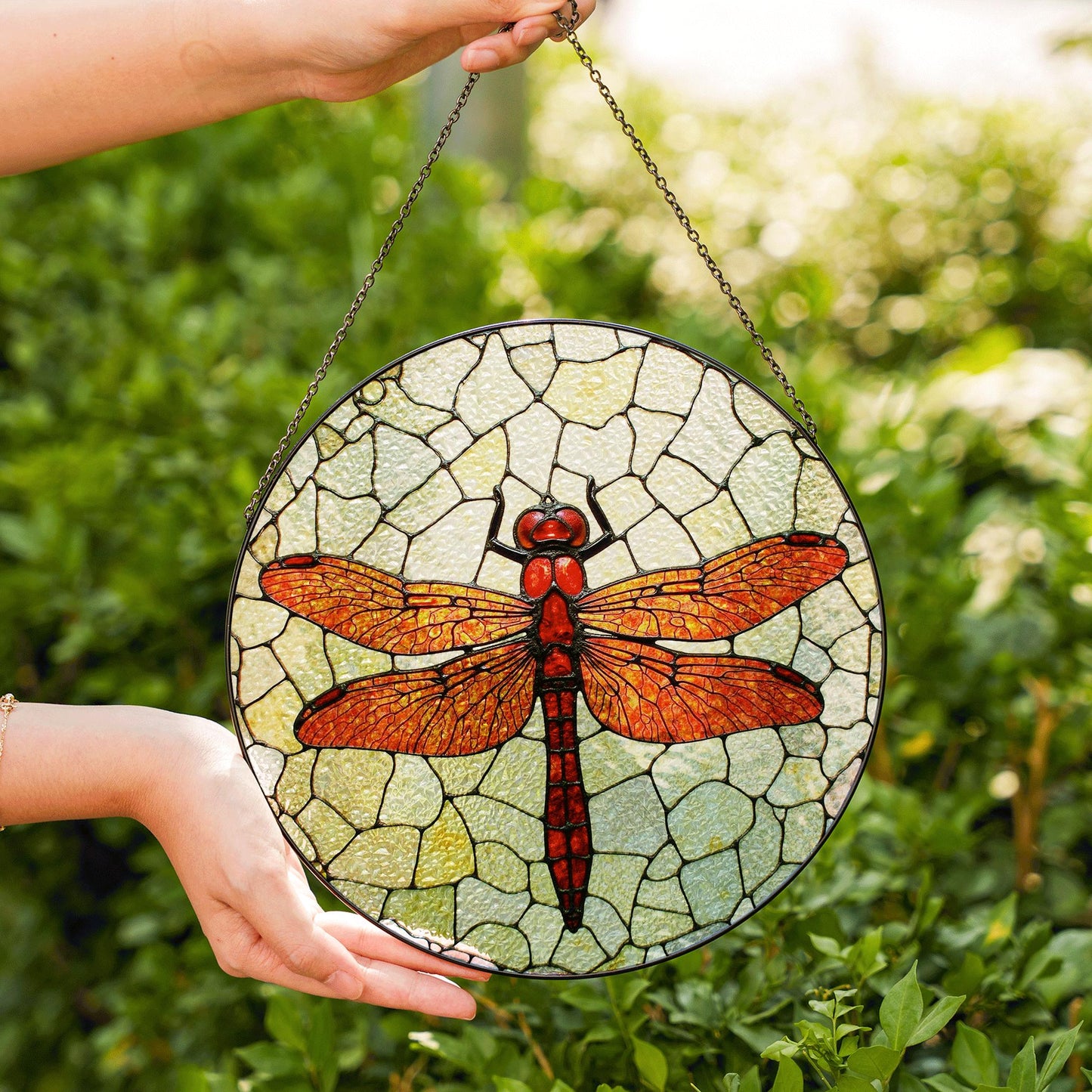Red dragonfly stained glass window suncatcher nature decor for mom dad or garden lovers